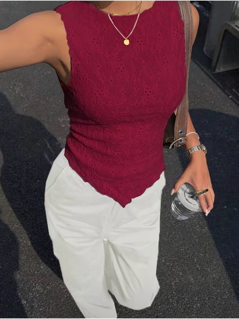 Pointed-Hem Eyelet Tank Top in Burgundy